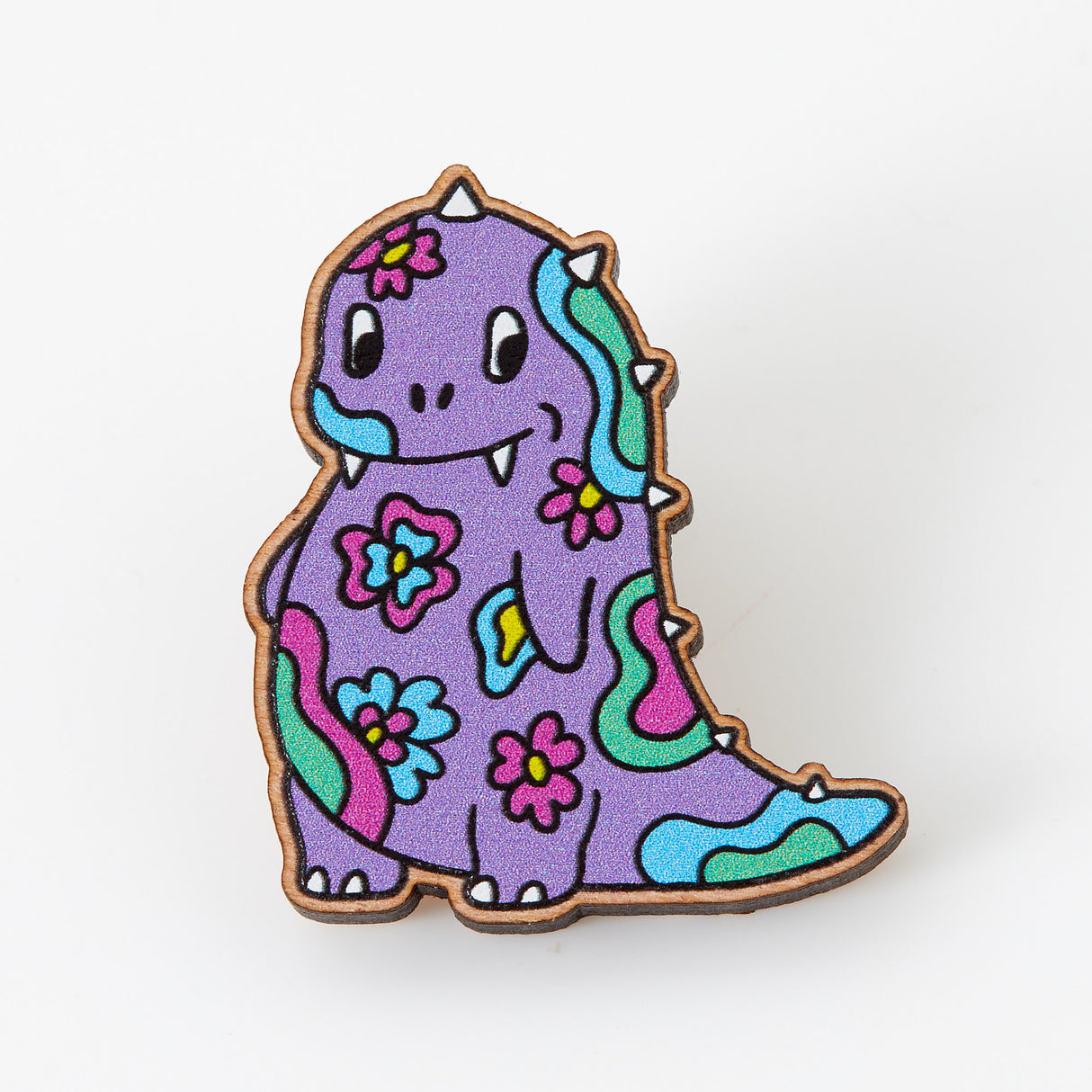 Psychedelic Print Dinosaur Wooden Eco Pin