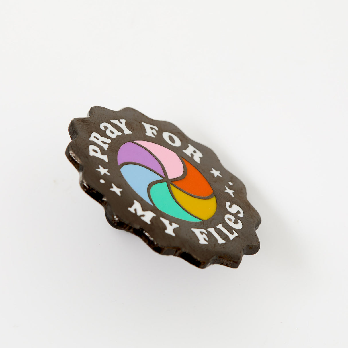 Pray For My Files Rainbow Wheel Enamel Pin