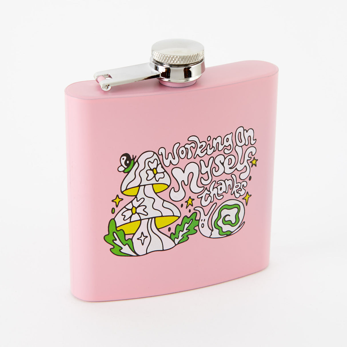 Working On Myself Thanks Light Pink Hip Flask