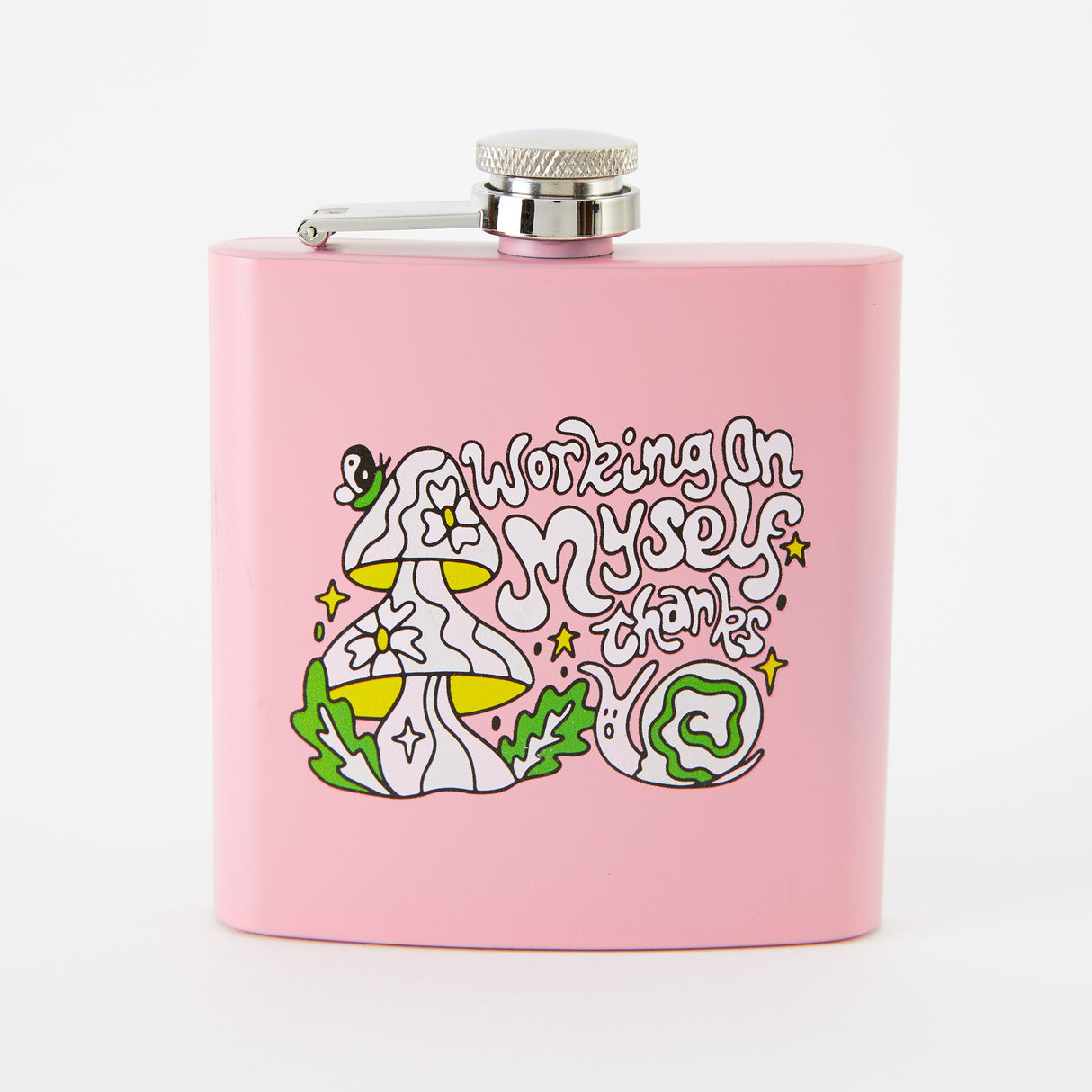 Working On Myself Thanks Light Pink Hip Flask