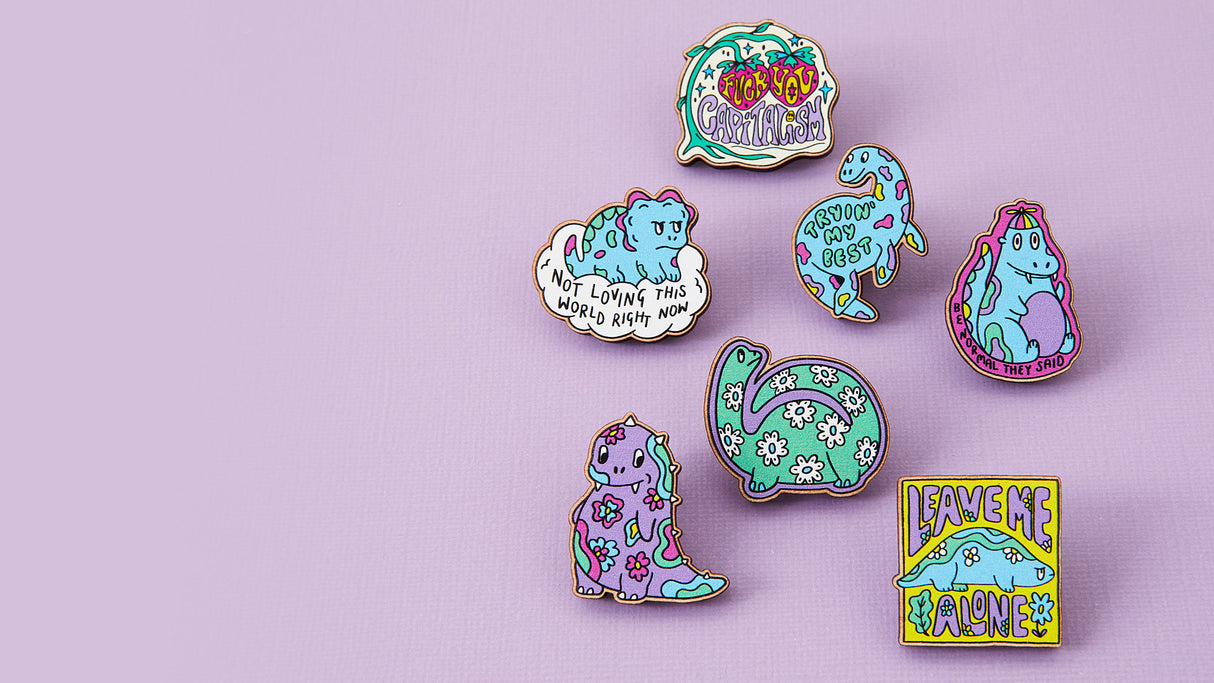 Psychedelic Print Dinosaur Wooden Eco Pin