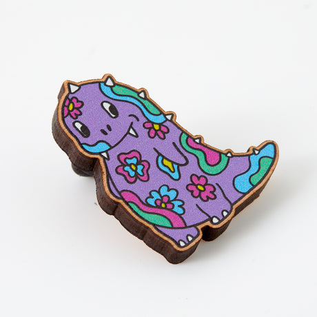 Psychedelic Print Dinosaur Wooden Eco Pin