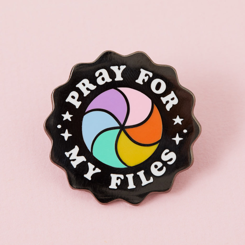 Pray For My Files Rainbow Wheel Enamel Pin