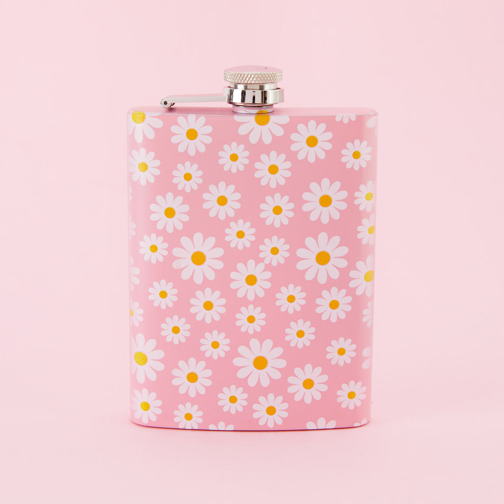 Daisy Print Tall Light Pink Hip Flask