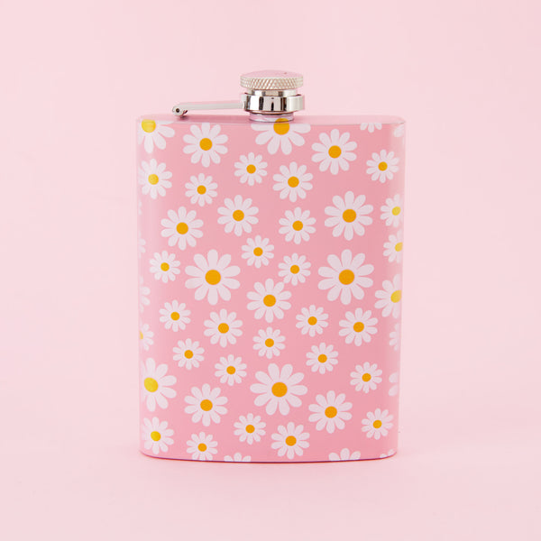 Daisy Print Tall Light Pink Hip Flask