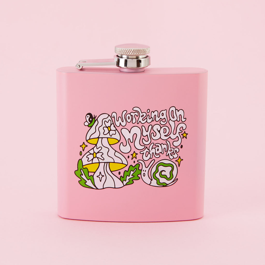 Working On Myself Thanks Light Pink Hip Flask