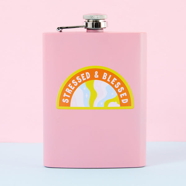 Stressed and Blessed Tall Light Pink Hip Flask