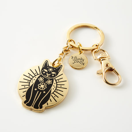 Gold And Black Mystic Cat Enamel Keyring