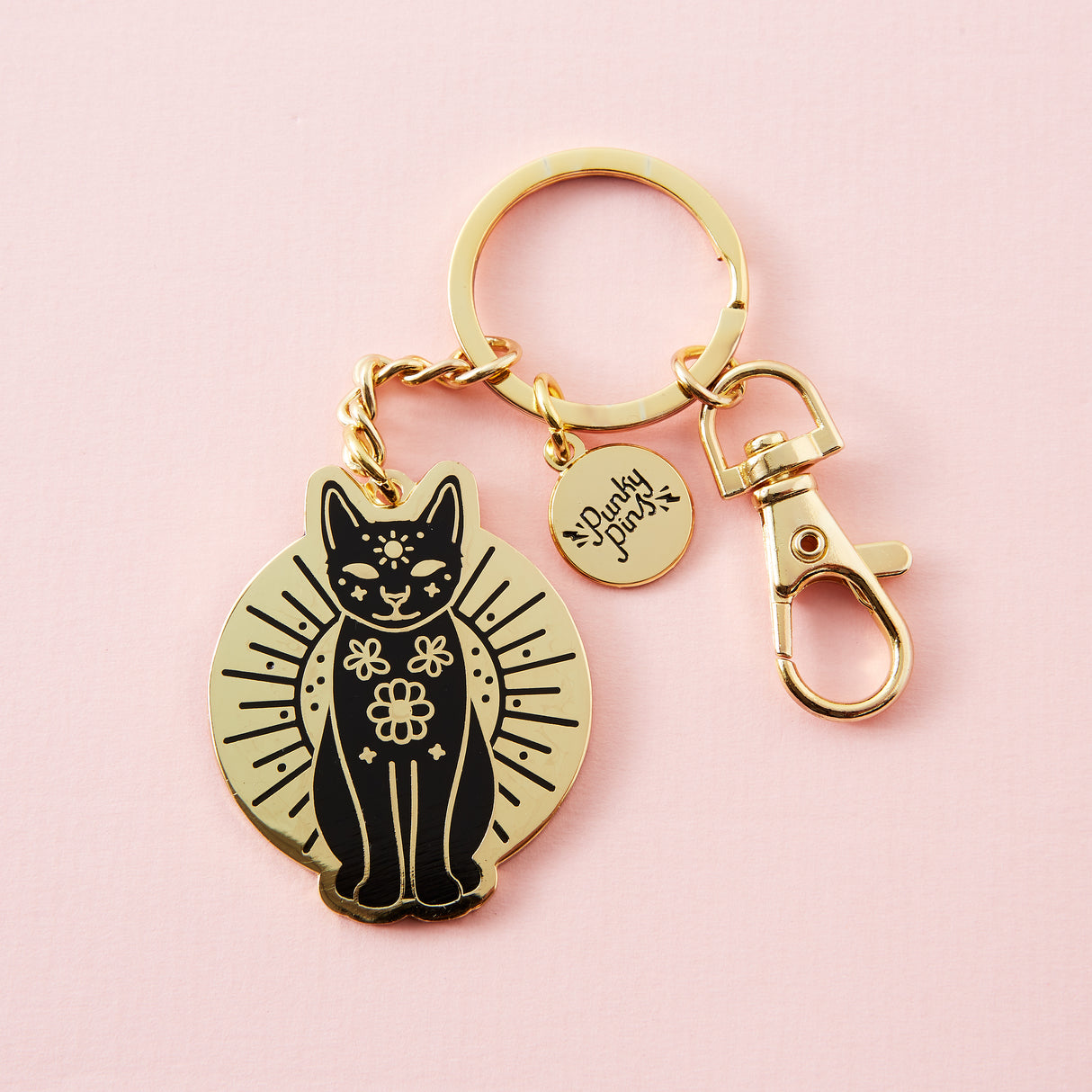Gold And Black Mystic Cat Enamel Keyring