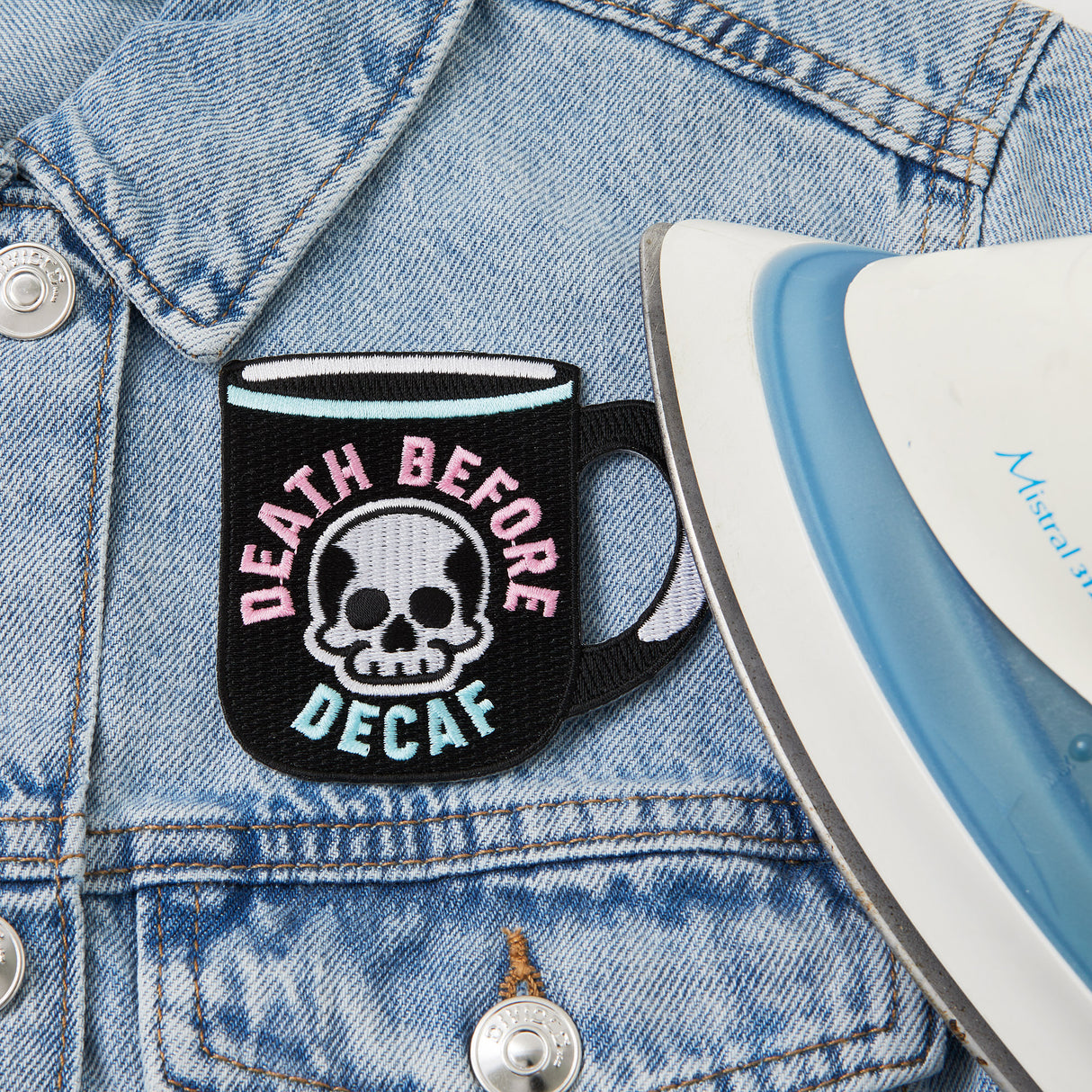 Death Before Decaf Iron On Patch
