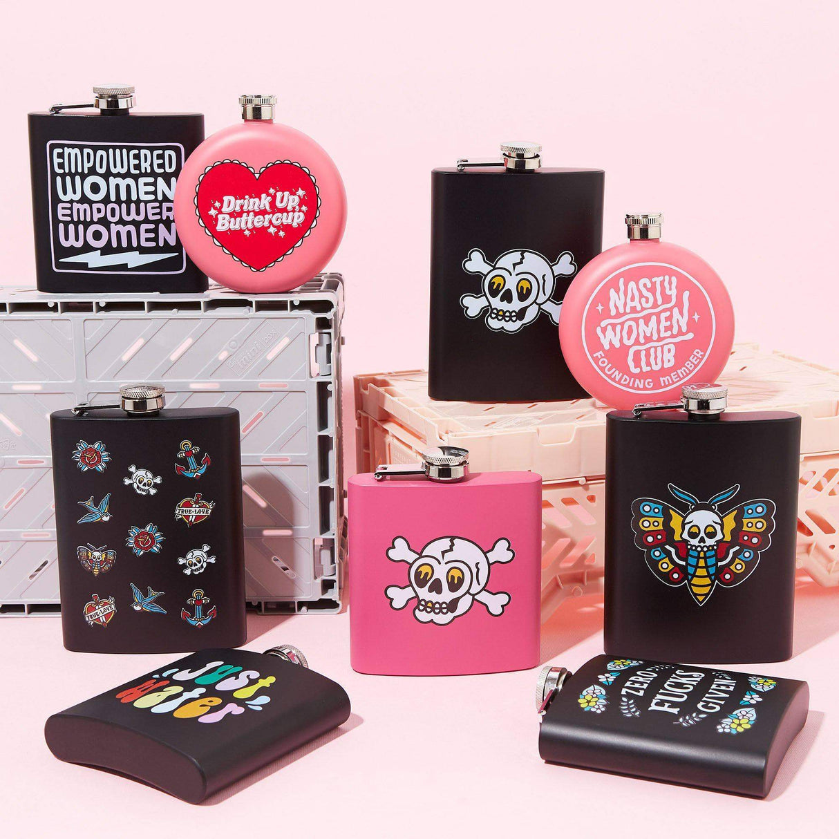 Punky Pins Skull & Crossbones Tattoo Short Pink Hip Flask