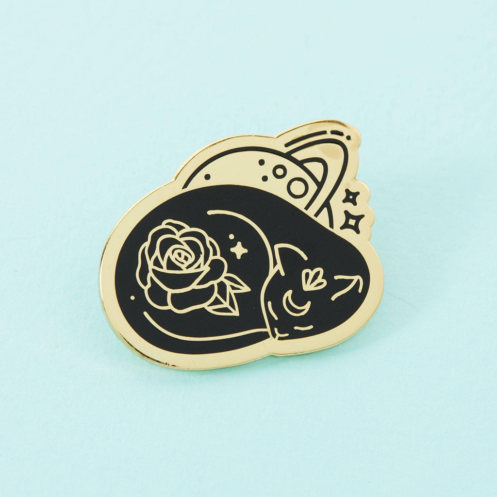 Sleeping Rose Cat Gold Plated Pin